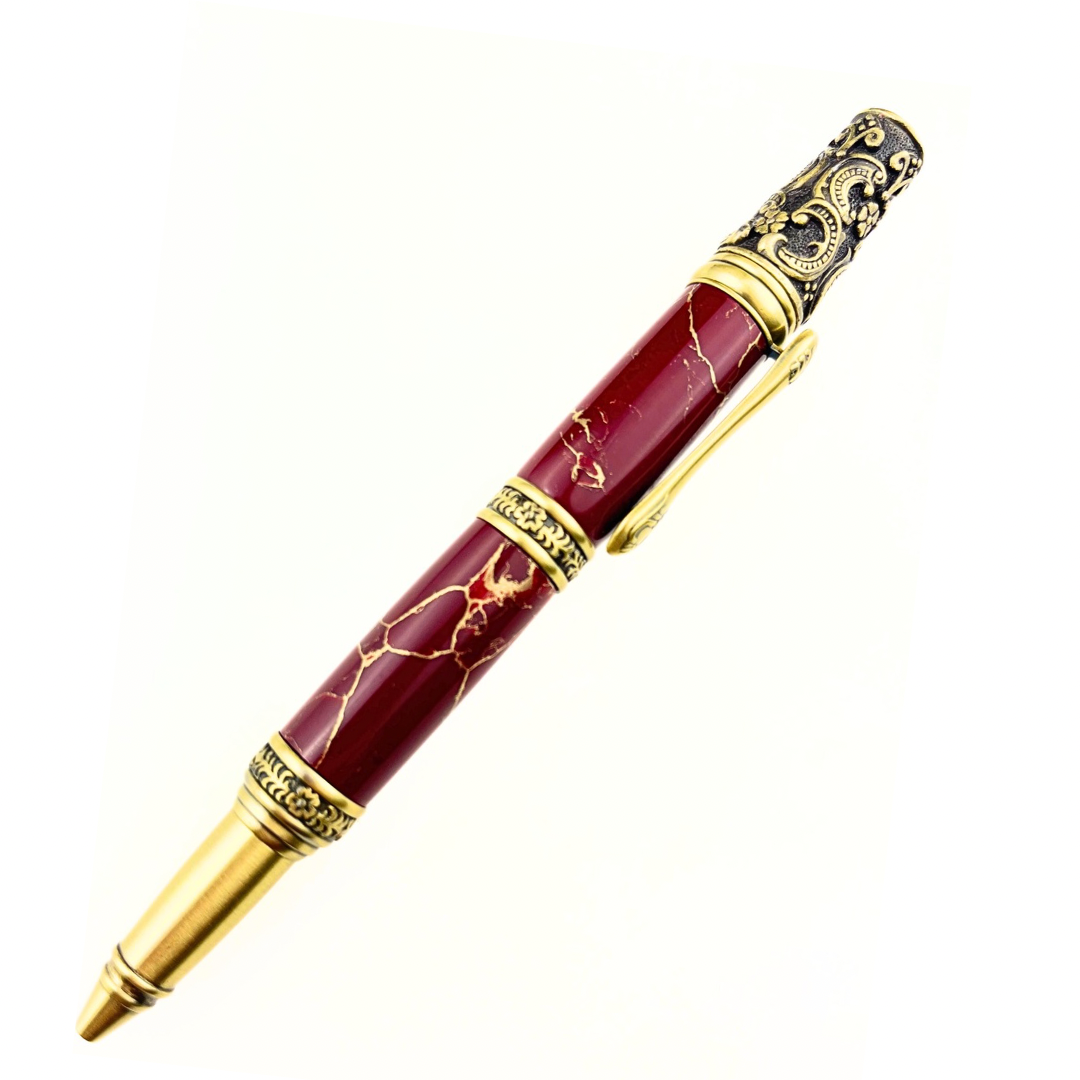 Handmade Maroon & Gold Marble Rollerball Pen