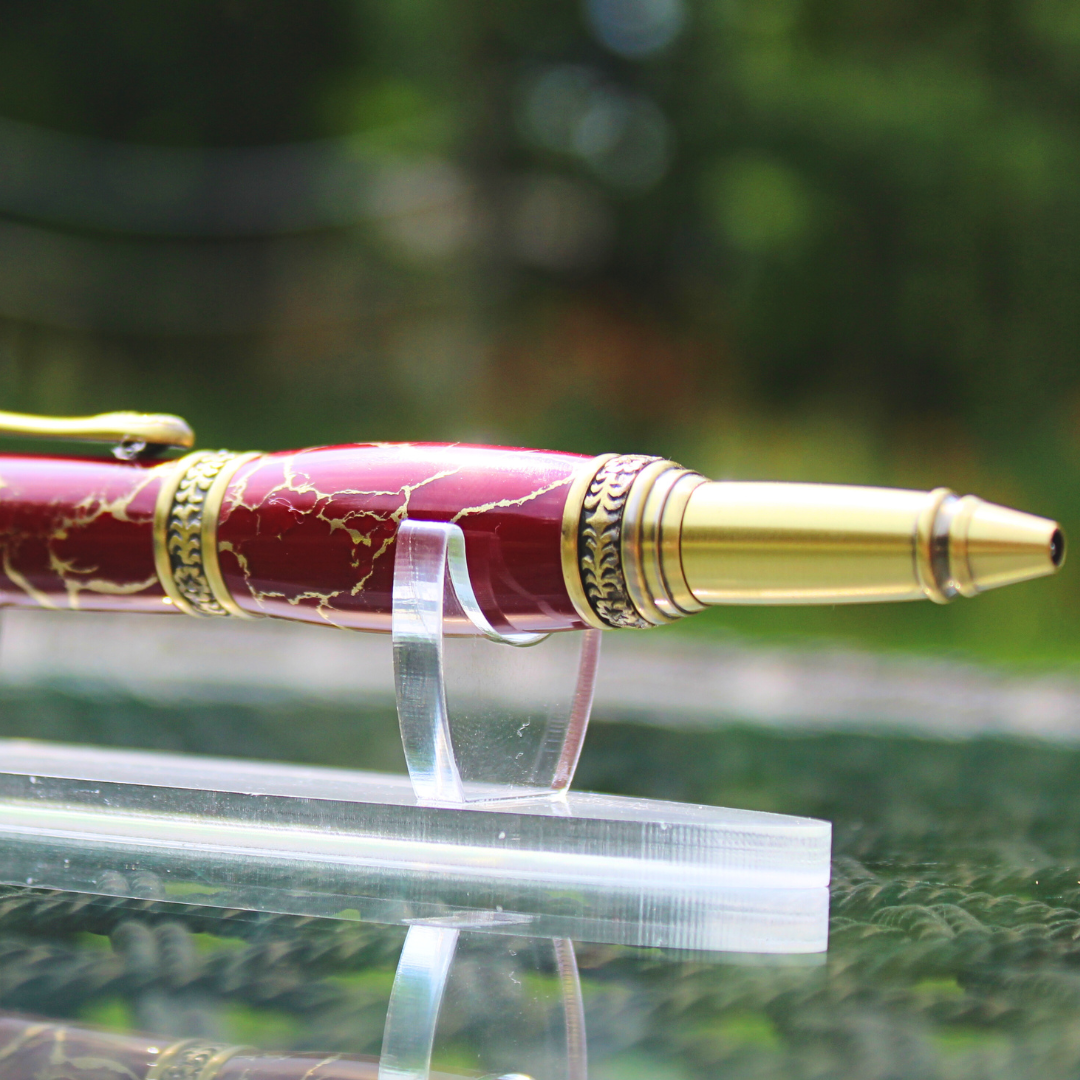 Handmade Maroon & Gold Marble Rollerball Pen