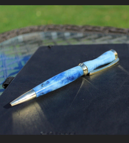 Handmade Baby Blue Elder Wood Ballpoint Pen With Gold Fittings - Aspden & Co Limited Liability Company